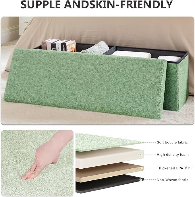 43 Inches Storage Ottoman Bench - Square Ottoman with Sherpa Top,Storage Bench for Bedroom,43" L x 15" W x 15" H - Green