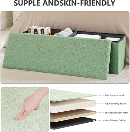 43 Inches Storage Ottoman Bench - Square Ottoman with Sherpa Top,Storage Bench for Bedroom,43" L x 15" W x 15" H - Green
