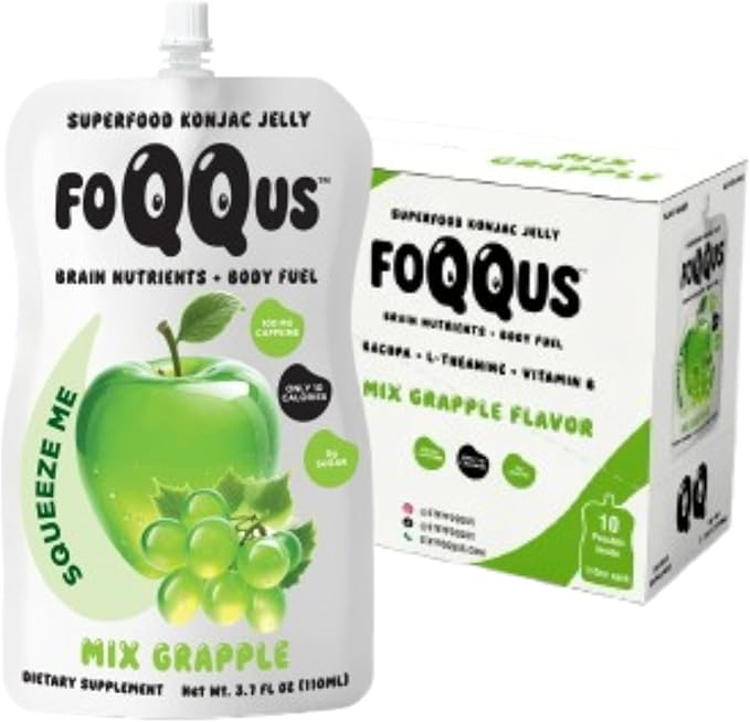 Apple Green Grape Konjac Jelly with Bacopa + Caffeine + L-Theanine (10 Pouches) | Low Calorie, 0g Sugar, Gluten-Free, Vegan & Keto | Drinkable Asian Snack | Nutrients for Gut Health & Focus