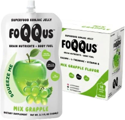 Apple Green Grape Konjac Jelly with Bacopa + Caffeine + L-Theanine (10 Pouches) | Low Calorie, 0g Sugar, Gluten-Free, Vegan & Keto | Drinkable Asian Snack | Nutrients for Gut Health & Focus