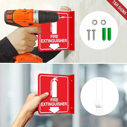 T&R Fire Extinguisher Sign, Fire Extinguisher with Down Arrow - 4 Pack - 6 x 6 Inches Glow-In-The-Dark Acrylic, 2 pre-drilled holes, Includes Matching Screws, Use for Home Office/Business