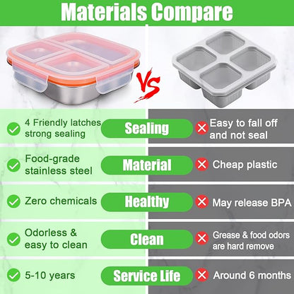 Palksky Snackle Box Container Stainless Steel, 4Pack Reusable Snack Bento Box with Lids, 3 Compartments Metal Food Storage Containers for Picnic, Travel