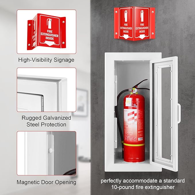 Fire Extinguisher Recessed Wall Cabinet, Galvanization Steel Fire Extinguisher Box with Magnetic Door, Suitable for 10 Lb Fire Extinguishers, Equipped Acrylic High-Position Sign (White)