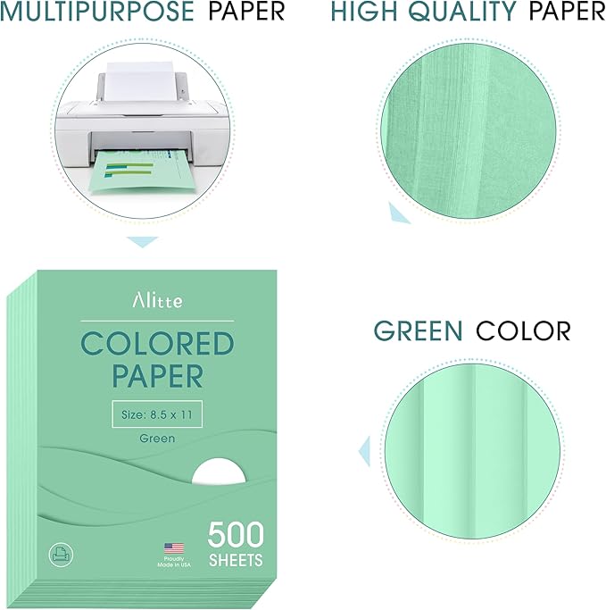Colored Paper 500-Sheets - Green Paper, 8.5 x 11 Colored Printer Paper, Arts & Crafts, DIY Projects - School & Office Supplies - Pastel Copy Paper, 1 Ream, Made in the USA