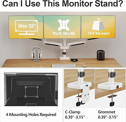 MOUNT PRO Triple Monitor Mount, 3 Monitor Desk Mount for Three Screens up to 32 Inch, Full Motion Gas Spring Heavy Duty Arm Hold up to 19.8lbs Each, White