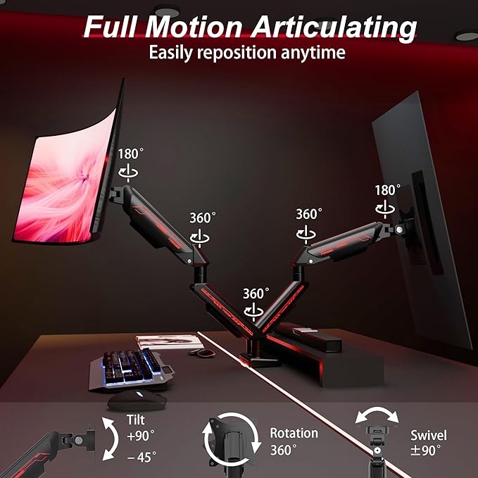 Monitor Arm, Gas Spring Monitor Stand for 17-35 Inch Screens up to 24.3 lbs, Adjustable Mount with C-Clamp & Grommet Base, Ergonomic Computer Mount (Dual Arm Black)