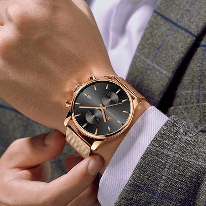 GOLDEN HOUR Mens Watch Fashion Sleek Minimalist Quartz Analog Mesh Stainless Steel Waterproof Chronograph Watches for Men with Auto Date