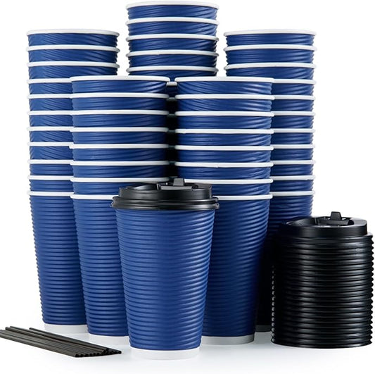 LITOPAK 80 Pack Insulated Ripple Wall 16 oz Disposable Paper Cups, Three Layer Insulated Hot Paper Coffee Cups with Lid and Straws for Parties, Picnics, and Travel