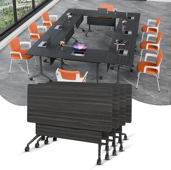 Folding Conference Table, Rectangular Conference Room Tables, Mobile Modular Training Table, Solid Steel Frame,Thickened Panel,for Offices,Meeting Room,Offices andSchools (4, Ebony, 55in)