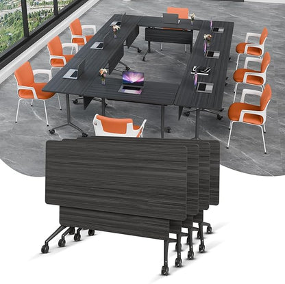 Folding Conference Table, Rectangular Conference Room Tables, Mobile Modular Training Table, Solid Steel Frame,Thickened Panel,for Offices,Meeting Room,Offices andSchools (4, Ebony, 55in)