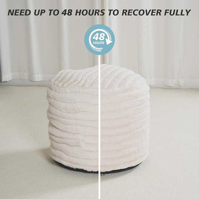 Pouf Ottoman Stuffed Round for Foot Rest, Faux Fur Poufs with Foam Chunk Filling, Storage Ottoman Pouf Foot Stool Cushion, 26 X 18 Inch Floor Chair for Living Room Bedroom Home Decor, Beige