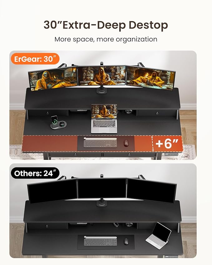ErGear Electric Standing Desk with 4 Drawers, 63" x 30" Height Adjustable Desk with Storage, C-Clamp Mount Compatible, Computer Home Office Table with Cable Management Tray, Black