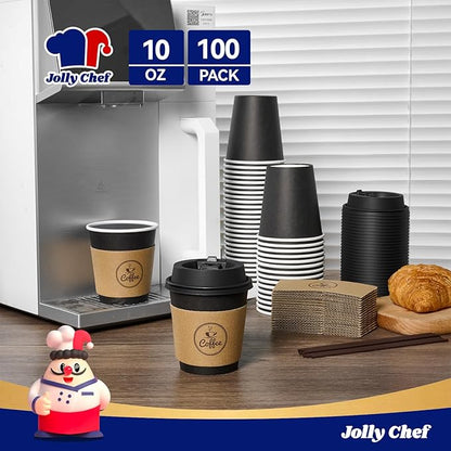 JOLLY CHEF 100 Count 10 oz Coffee Cups with Lids, Sleeves and Stirrers for Home, Office, Kitchen, Cafes, Disposable Hot Paper Cups for all Kinds of Beverages