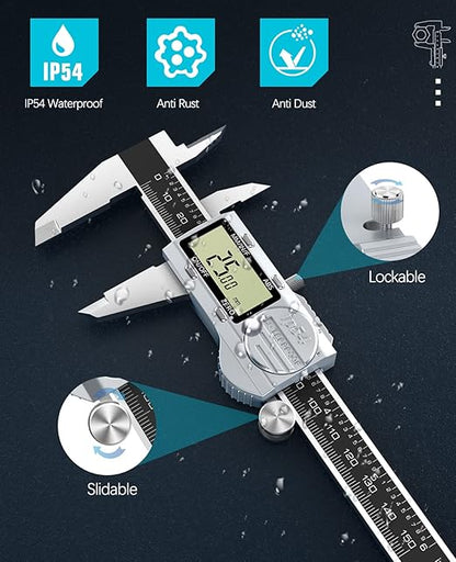 Housolution Digital Caliper 6 Inch, (ABS) Absolute Scale Caliper, IP54 Caliper Measuring Tool, Inch/MM/Fraction, Auto-Off LCD Stainless Steel Waterproof Micrometer Vernier Caliper, with Feeler Gauges