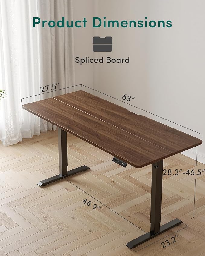 FEZIBO Standing Desk, 63×28 Inches Electric Height Adjustable, Sit Stand Up, Computer Office Desk with Splice Board, Black Frame/Black Walnut TOP