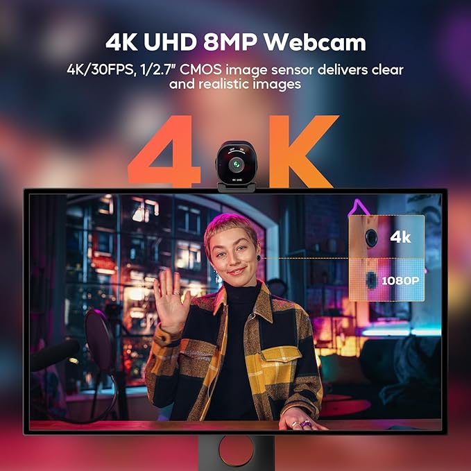 4K USB Webcam with 4 Noise-Canceling Mics, 50-92 FOV, Built-in OSD & Privacy Cover, Plug & Play for Zoom, Teams, Recording