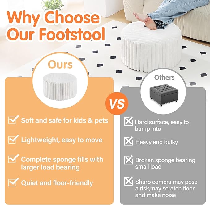 Tiita Round Stuffed Pouf Ottoman, Stripe Faux Fur Poufs with Foam Chunk Filling, Furry and Fluffy Pouf 21×21×12 inch Foot Stool Storage Ottoman,Puff Office Foot Rest for Couch Living Room, Beige