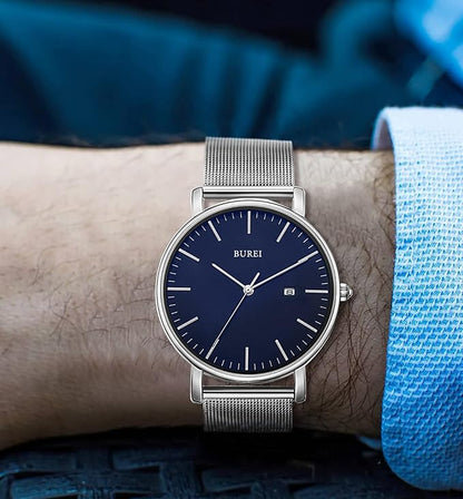 BUREI Men Watches Brown Leather Fashion Minimalist Wrist Watch Simple Ultra Thin Waterproof Quartz Watches All Black Stainless Steel Mesh Band,Gift for Men Women
