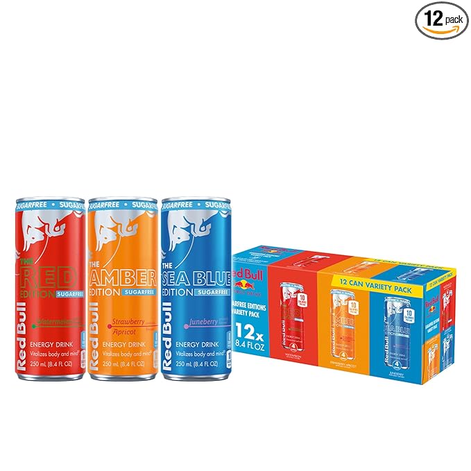 Red Bull Sugar-Free Energy Drink Variety Pack, Energy Drink, Red, Amber, & Sea Blue with 80mg Caffeine plus Taurine & B Vitamins, 8.4 Fl Oz, Pack of 12 Cans
