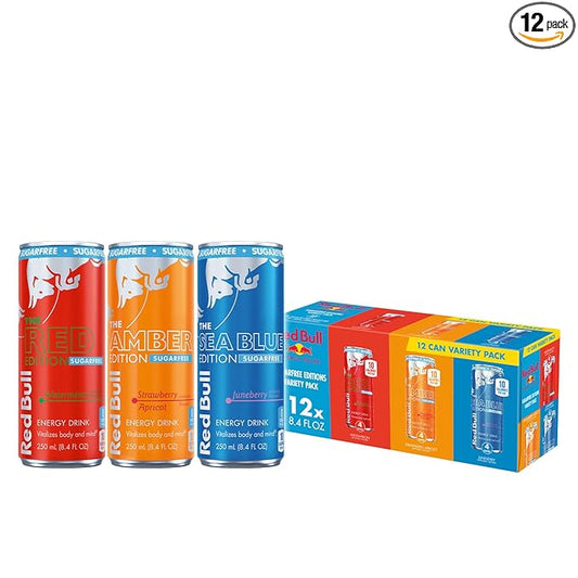 Red Bull Sugar-Free Energy Drink Variety Pack, Energy Drink, Red, Amber, & Sea Blue with 80mg Caffeine plus Taurine & B Vitamins, 8.4 Fl Oz, Pack of 12 Cans