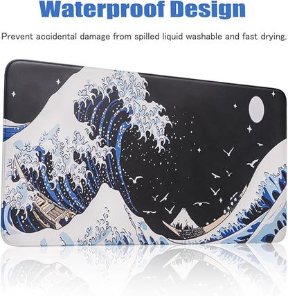 Large Japanese Sea Wave Mouse Pad, Anime Waterproof Desk Mat,Extended Non-Slip Keyboard Mouse Pads Office Desk Pad 23.6" x 11.8" Anime Mouse Pad Desktop Protector for Office and Home