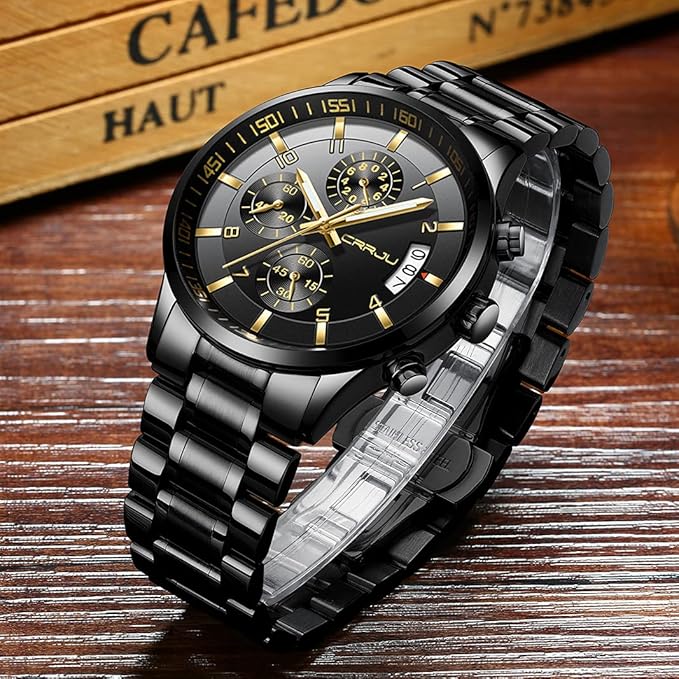 CRRJU Men's Fashion Stainless Steel Watches Date Waterproof Chronograph Wristwatches,Black Steel Band Waterproof Quartz Watch for Men