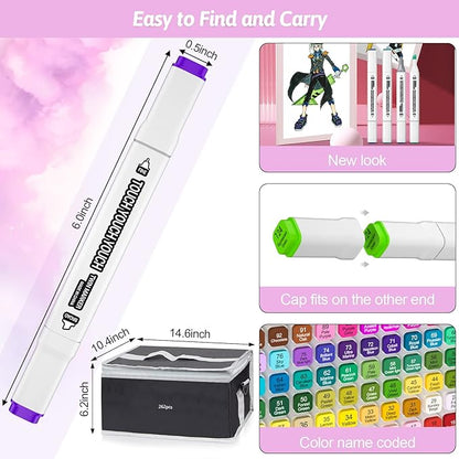 Banral 262 Colors Dual Tip Alcohol Based Markers, Twin Sketch Art Marker Set for Artists Adult Coloring Drawing Sketching Card Making Illustration, Premium Brush Pens with Case