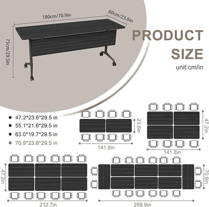 Folding Conference Table, Rectangular Conference Room Tables, Mobile Modular Training Table, Solid Steel Frame,Thickened Panel,for Offices,Meeting Room,Offices andSchools (6, Ebony, 71in)