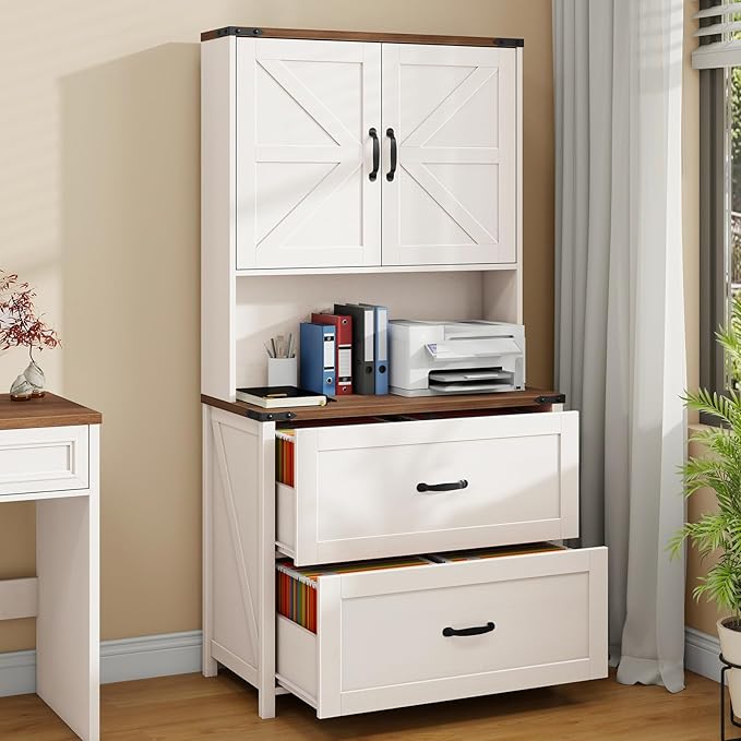 File Cabinet with 2 Drawer for Legal/Letter/A4 Size Hanging Files, Farmhouse Filing Cabinet with Adjustable Shelf, Large Wood File Cabinets for Home Office Printer Stand with Bookshelf, White