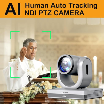 NDI PTZ Camera 4K, 20X Optical Zoom, HDMI USB3.0 SDI LAN PoE, NDI HX2 Certified, 1/2.8" 8.51-MP CMOS Sensor, AI Auto Tracking, 255 Presets, for Church Worship Live Streaming Conference Room