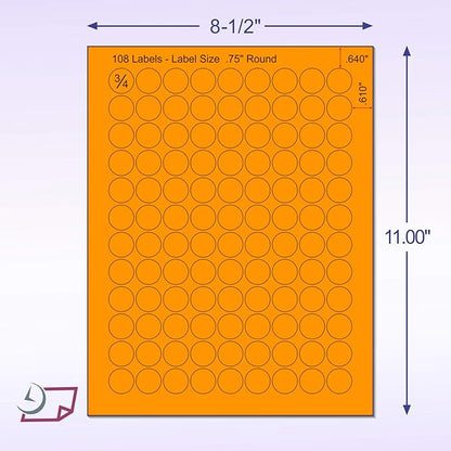 8-1/2 x 11" Fluorescent Labels for Laser & Inkjet Printer (Orange Fluorescent, 3/4" Round - 108 Per Page | 2700 Labels)
