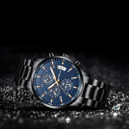 CRRJU Men's Fashion Stainless Steel Watches Date Waterproof Chronograph Wristwatches,Black Steel Band Waterproof Quartz Watch for Men