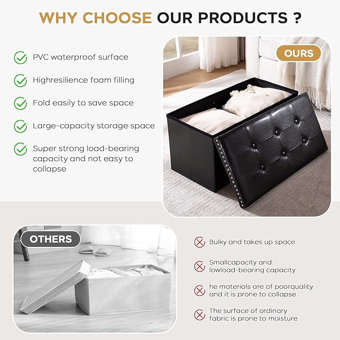 Folding Storage Ottoman Bench 30in, Leather Foot Rest Stools Ottoman with Storage, Coffee Table, End of Bed Bench Footstool for Living Room, Bedroom, Load 330 lb, 30x15x15 inches, Black