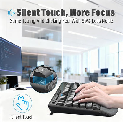 E-YOOSO Wireless Quiet Ergonomic Keyboard and Mouse Combo with Wrist Rest,Keycap Silent Design 90% Less Noise,2.4GHz 104 Keys Full Size,2400 DPI Mouse,for PC Computer/Laptop/Mac/Tablet,Black