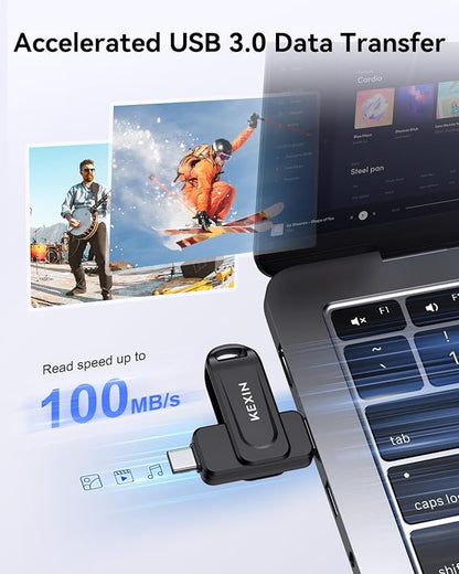 KEXIN 128GB Flash Drive 3 Pack 100MB/s Swivel Dual USB Drive 3.0 USB-A & Type-C Thumb Drive Memory Stick for Smartphone Tablet iPhone 15/16 Car Game Console, Black 128GB 3 Pack
