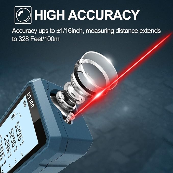 HANMATEK Laser Measure 328 Feet Digital Laser Tape Measure M/in/Ft Unit Switching Backlit LCD and Pythagorean Mode, Measure Distance, Area and Volume - Hand Strap and Battery Included DT100