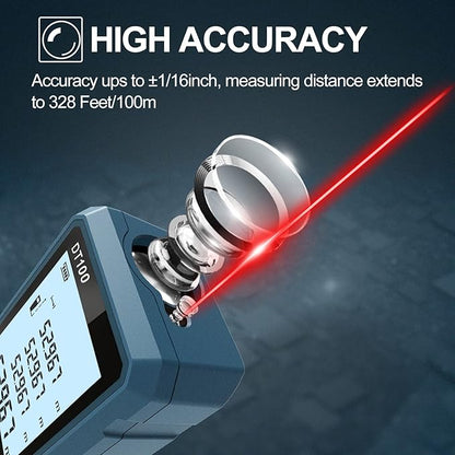 HANMATEK Laser Measure 328 Feet Digital Laser Tape Measure M/in/Ft Unit Switching Backlit LCD and Pythagorean Mode, Measure Distance, Area and Volume - Hand Strap and Battery Included DT100