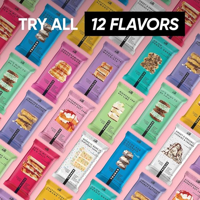 TRUBAR Vegan Protein Bar, Shake it Bake it Birthday Cake it, Gluten Free, Plant Based Protein, Dairy Free, Non GMO, Soy Free, No Sugar Alcohols, 12G Protein, 12G Fiber, 23G Carb, On the Go Snack Bars, 12 ct