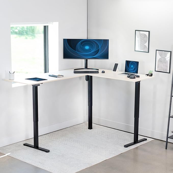 VIVO Electric Corner 75 x 63 inch L-Shaped Standing Desk, Memory Height Adjustment, Light Wood Top Black Frame, DESK-E3CTBC-75