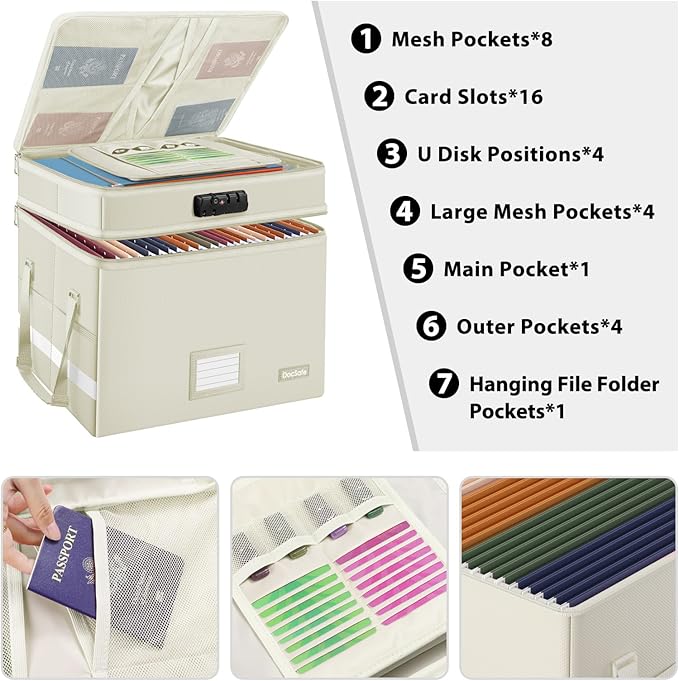 DocSafe File Box with Lock,Multi-Layer Fireproof Document Box Collapsible File Storage Organizer with Pockets/Handle,Large Portable Home Office Filing Box for Hanging Letter/Legal Size Folders,Beige