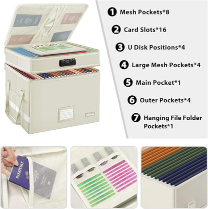 DocSafe File Box with Lock,Multi-Layer Fireproof Document Box Collapsible File Storage Organizer with Pockets/Handle,Large Portable Home Office Filing Box for Hanging Letter/Legal Size Folders,Beige