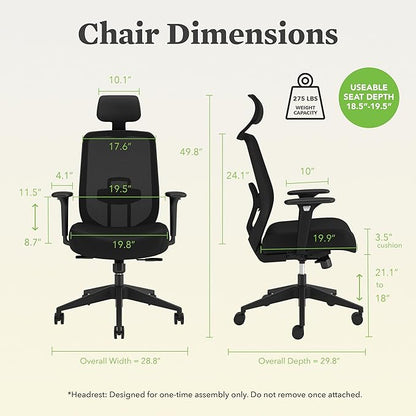 HON Altern Ergonomic Office Chair with Headrest, Arms, Wheels, Foam Cushion Seat, Mid Back Home Office Desk Chair Comfy, Height Adjustable Arms, Synchro-Tilt, Seat-Slide, Black