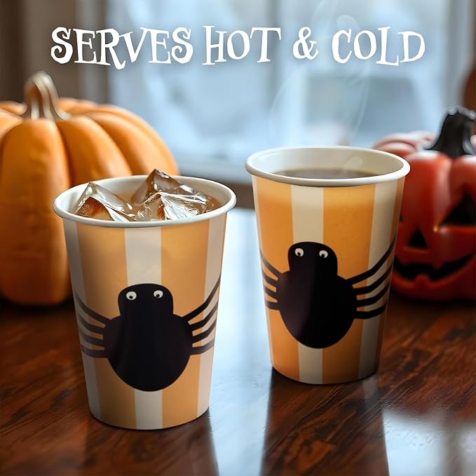 Halloween Disposable Paper Party Cups, Bulk 50 Pack, Leak-Resistant, 12 oz Hot and Cold Cups for Restaurants and Parties, Spider