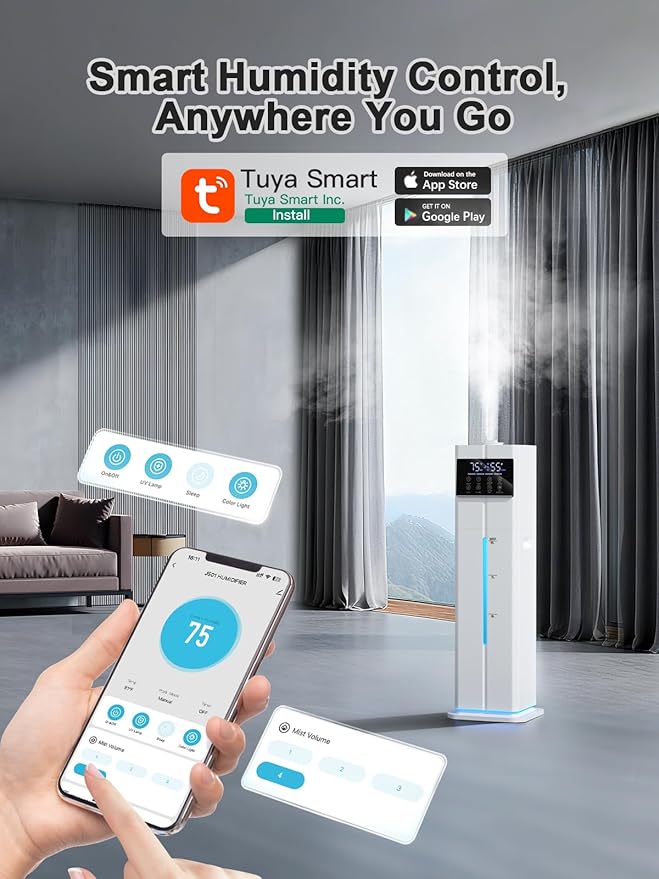 9L/2.4Gal Smart Cool Mist Humidifier, Top Fill Quiet Humidifier Large Room, Covers 550ft², App & Remote Control, 60H Runtime, 7 Colors Light, 4 Mist Modes Humidifiers for Bedroom, Office, White