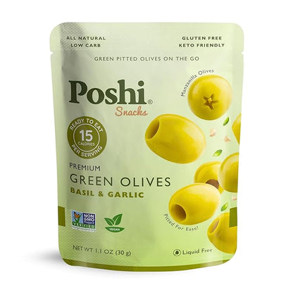 POSHI Green Pitted Olives - Basil & Garlic | Vegan, Kosher, Gluten Free + Keto Friendly, Fresh, Low Calorie Healthy Snacks | (30 Pack, 1.1oz Bags)