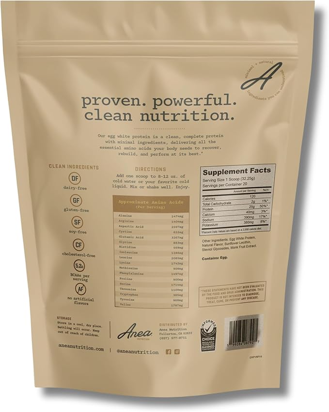 Anea Egg White Protein - Vanilla | 25g Protein | Cholesterol-Free | 5.2g BCAA | Complete Amino Acid Profile | Dairy-Free, Gluten-Free, Soy-Free | Smooth Vanilla Flavor | Made in GMP Facility