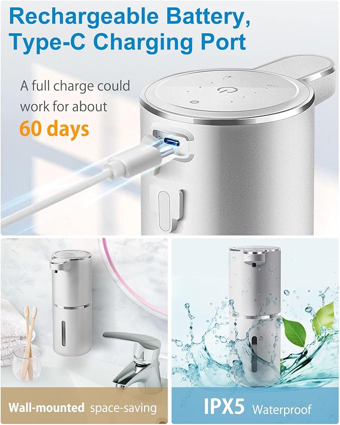 Automatic Liquid Soap Dispenser,4-Level Adjustable, Wall Mount,USB Rechargeable,12.8oz/ 380ml,Touchless Hand & Dish Soap Dispenser for Bathroom, Kitchen,Hotel, Restaurant