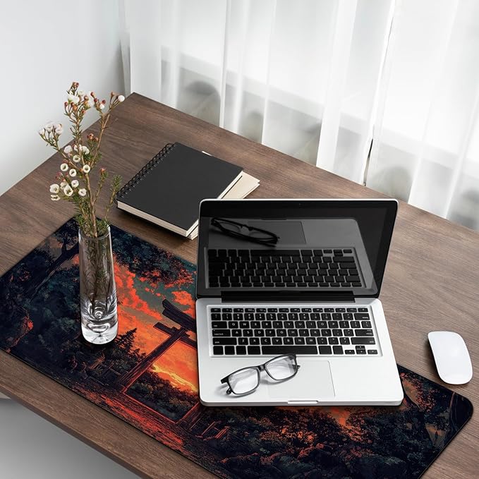Japanese Forest Full Moon Gaming Mouse Pad with Non-Slip Rubber Base, Large Anime Mousepad with Stitched Edges, Long Keyboard Mat for Home and Office, 31.5 x 11.8 inches