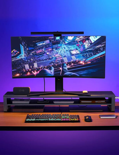 2 Tiers Dual Monitor Stand with 4 USB 3.0 Hub Ports, Double Monitor Riser, Metal Desk Stand with Storage, Long Screen Raiser for 2 Monitors/PC/Laptop/Computer Space Saver Organizer Office Home School