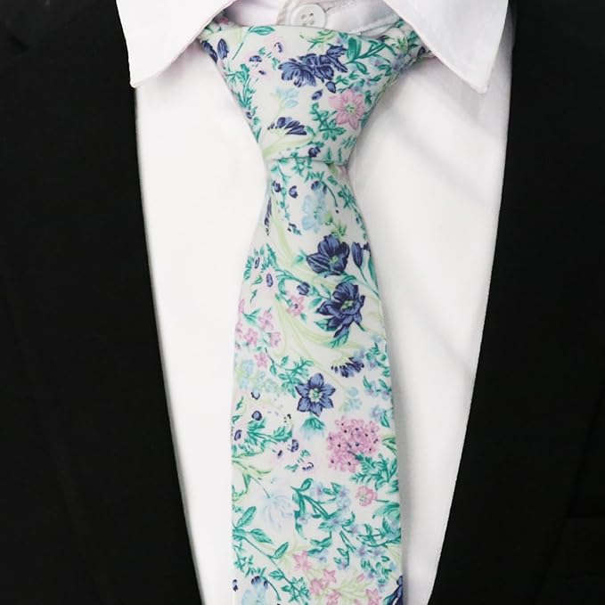 Cotton Floral Ties for Men 2.76" Men's Skinny Tie Linen Flower Printed Neck Tie for Wedding Dating Party